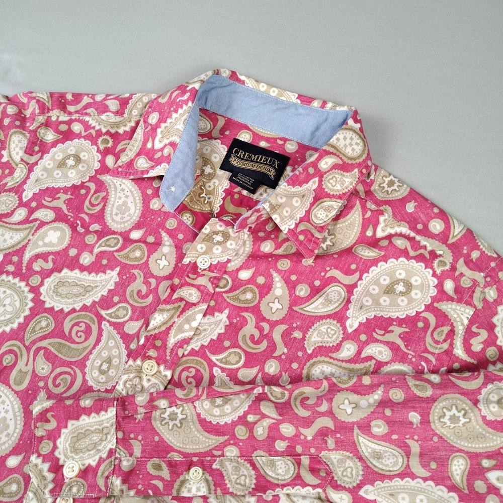 Cremieux Premium Denim Men M Shirt Pink Paisley Reverse Print 100% Cotton L/Slv